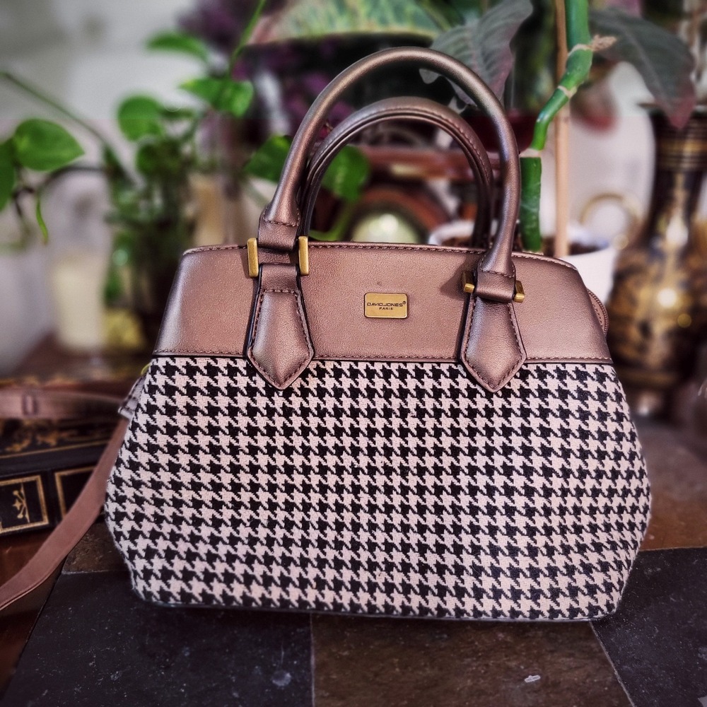 David Jones‎ Paris Satchel Purse Metallic Bronze Houndstooth Crossbody Handbag